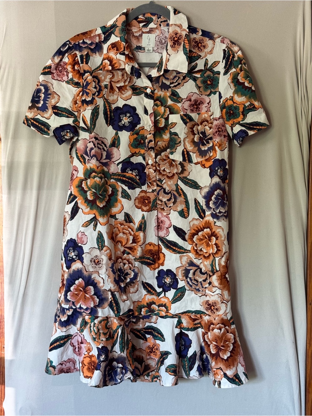Joie Floral Button-Front Short Sleeve Dress in Cream with Multi-Color Blooms